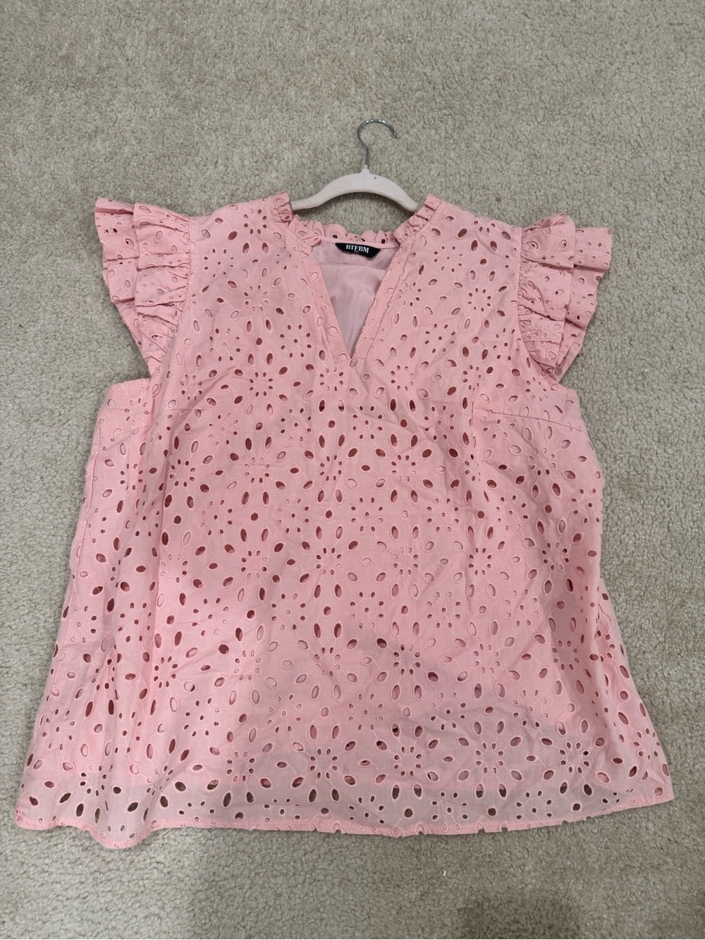 Eyelet V-Neck Ruffle Sleeve Blouse - Blush Pink